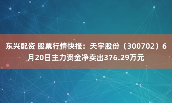 东兴配资 股票行情快报：天宇股份（300702）6月20日主力资金净卖出376.29万元